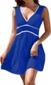 Vestido de playa de verano azul real sin mangas con cuello en V y ribetes ondulados blancos. - S / Top Y Pantalón / Azul