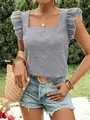 Detail of a black and white gingham square neck shirt with ruffle sleeves for summer. - S / Tops / Black