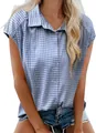 Camisa informal de manga corta a cuadros azules y blancos con cuello de solapa para mujer - S / Tops / Azul