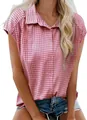 Camisa informal de mujer con cuadros vichy en rosa y blanco, manga corta y solapa - S / Tops / Rojo