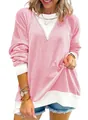 Casual pink and white color-block waffle knit sweatshirt for women with loose fit - S / Tops / Pink