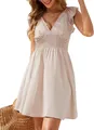 Elegant light pink V-neck summer mini dress featuring flutter sleeves and smocked waist - S / Apricot