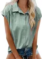 Camisa informal de manga corta para mujer en cuadros vichy verdes con cuello solapa - S / Tops / Verde