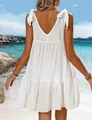 Back view of a white tie-shoulder tiered beach dress cover-up with a deep V-neckline - S / Top And Bottom / White