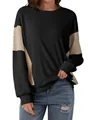 Casual women's black long sleeve sweatshirt with striped color-block panels and round neck. - S / Tops / Black