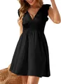 Elegant black V-neck beach dress featuring ruffle sleeves and a smocked waist design - S / Black