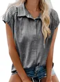 Camisa casual de cuadros vichy negros y blancos para mujer con manga corta y cuello de solapa - S / Tops / Negro