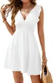 Elegant white V-neck mini dress with ruffle sleeves and smocked waist for summer - S / White