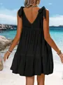Detail back view of a black summer beach dress with shoulder ties and deep V-neckline. - S / Top And Bottom / Black