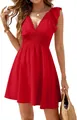 Elegant red V-neck ruffle sleeve dress with a smocked waist for summer beach vacations. - S / Red