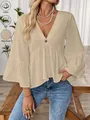 Women's V-neck cotton blouse with bell sleeves and button detail in beige beige beige - S / Tops / Apricot