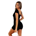 Elegant black ribbed short sleeve bodysuit with square neck and slim fit for women - S / Top And Bottom / Black