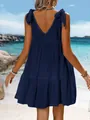 Back view of a navy blue tie-shoulder beach cover-up dress featuring a tiered loose skirt - S / Top And Bottom / Navy Blue