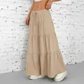 Detail view of women's khaki pleated tiered maxi skirt with drawstring waist - S / Bottoms / Khaki