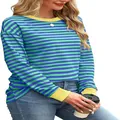 Close-up of blue and green striped long sleeve top with yellow contrast cuffs - S / Tops / Green