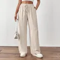 Casual damesbroek met wijde pijpen, hoge taille en trekkoord in licht abrikoos beige - S / Bottoms / Abrikoos