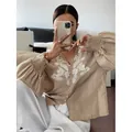 Elegant beige long sleeve blouse with floral embroidery and pearl buttons for autumn - S / Tops / Apricot