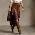Jupe asymétrique rétro en daim marron pour femme avec ourlet à franges et glands - S / Bas / Brun Foncé