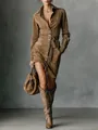 Detail of brown suede long-sleeve shirt dress with waist belt and lapel collar - S / Camel