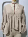 Elegant beige solid color V-neck cotton blouse featuring stylish ruffle sleeves for women - S / Tops / Apricot (Original Image)