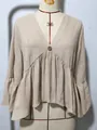 Elegante blusa de algodón beige liso con cuello en V y elegantes mangas con volantes para mujer - S / Tops / Albaricoque (Imagen Original)