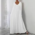 Elegant and minimal white V-neck long sleeve loose maxi dress for casual summer style - S / Dresses / White