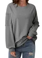 Casual grey sweatshirt with striped sleeve panels and round neck - S / Tops / Gray