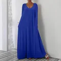 Elegant casual loose long-sleeved V-neck maxi dress in vibrant cobalt blue solid color - S / Dresses / Blue