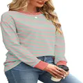 Close-up of casual striped long-sleeve top with pink and mint green color block design - Pink and Green