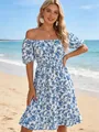 European style blue floral off-shoulder A-line dress worn by model on a sunny beach - S / Top And Bottom / White Floral