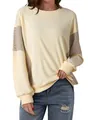 Casual pale yellow women's sweatshirt with striped patchwork sleeves and round neck - S / Tops / Apricot