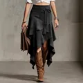 Jupe longue en daim noir style western rétro avec ceinture à glands et ourlet asymétrique - S / Bas / Noir