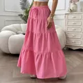 Bohemian pink tiered maxi skirt with drawstring waist and crinkle texture - S / Bottoms / Pink