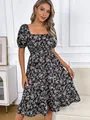 Elegant black floral print dress featuring a square neckline and a ruffled hemline - S / Top And Bottom / Black Floral