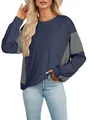 Casual navy blue color block sweatshirt for women with striped sleeve detail and crew neck - S / Tops / Navy Blue