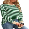 Close-up of green and white striped long sleeve shirt with contrast beige neckline - Dark Green