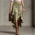Jupe vintage rétro irrégulière en daim vert olive avec ceinture à glands et volants - Vert