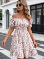Full view of floral off-the-shoulder dress with ruffled hem in outdoor urban setting - S / Top And Bottom / Pink Floral