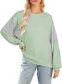 Casual light green crewneck sweatshirt featuring stylish striped patchwork long sleeves - S / Tops / Light Green