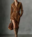 Elegant brown suede long sleeve shirt dress featuring a lapel collar and matching waist belt - S / Coffee