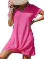Bright pink V-neck waffle knit short sleeve beach cover-up dress with a side knot detail - S / Dresses / Rose Red