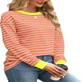 Close-up of women's striped long sleeve top with neon contrast cuffs and collar - Orange-Yellow