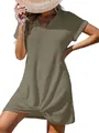 Casual women's V-neck waffle knit beach dress with a twist knot hem in khaki green - S / Dresses / Army Green