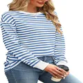 Detail shot of a casual blue and white striped long sleeve top with a relaxed round neck. - 2XL / Tops / Light Blue