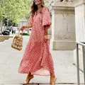 Detailed view of red geometric print maxi dress with puff sleeves for autumn - Red Floral Pattern 1