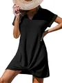 Elegant black V-neck waffle knit beach cover-up dress with a stylish front knot detail - S / Dresses / Black