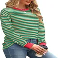 Fashionable green and tan striped long sleeve top with red color block collar and cuffs - Khaki Green