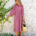 Boho Midikleid mit rot-weißem geometrischem Muster, Puffärmeln und Schlüssellochausschnitt - Rotes Münzmuster 2