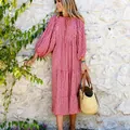 Boho red and white geometric midi dress with puff sleeves and keyhole neckline details - Red Coin Pattern 2