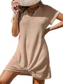 Abito da spiaggia beige in maglia a nido d'ape con scollo a V e nodo intrecciato chic - Kaki